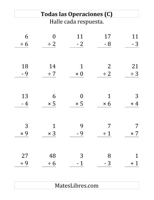 La hoja de ejercicios de 25 Ejercicios de Suma, Resta, Multiplicación y División (de 0 a 9) (C)