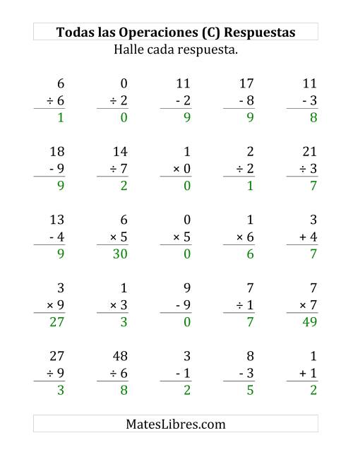 La hoja de ejercicios de 25 Ejercicios de Suma, Resta, Multiplicación y División (de 0 a 9) (C) Página 2