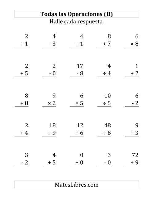 La hoja de ejercicios de 25 Ejercicios de Suma, Resta, Multiplicación y División (de 0 a 9) (D)
