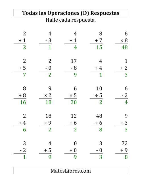 La hoja de ejercicios de 25 Ejercicios de Suma, Resta, Multiplicación y División (de 0 a 9) (D) Página 2