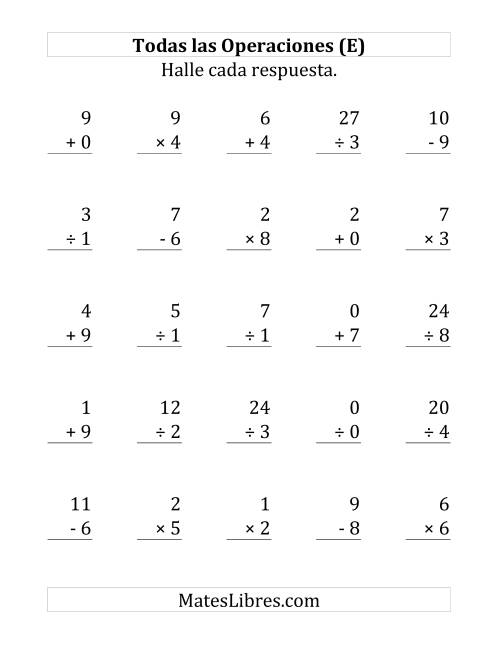 La hoja de ejercicios de 25 Ejercicios de Suma, Resta, Multiplicación y División (de 0 a 9) (E)