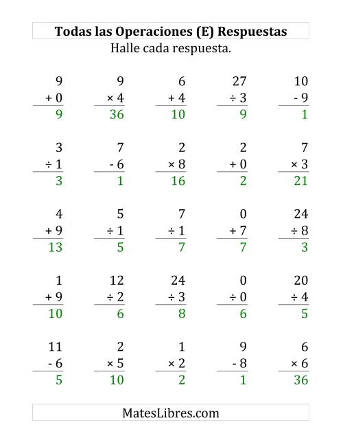 La hoja de ejercicios de 25 Ejercicios de Suma, Resta, Multiplicación y División (de 0 a 9) (E) Página 2