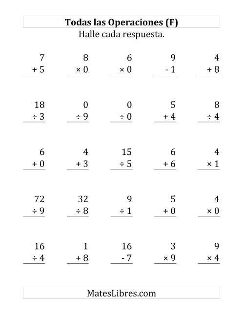 La hoja de ejercicios de 25 Ejercicios de Suma, Resta, Multiplicación y División (de 0 a 9) (F)