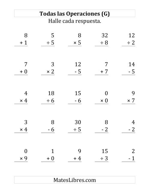 La hoja de ejercicios de 25 Ejercicios de Suma, Resta, Multiplicación y División (de 0 a 9) (G)