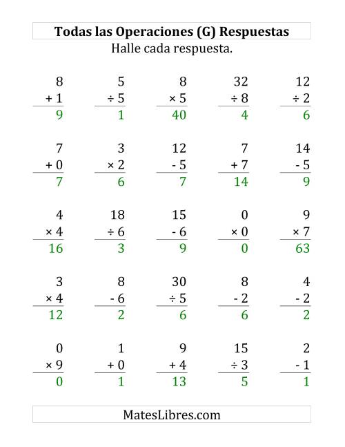 La hoja de ejercicios de 25 Ejercicios de Suma, Resta, Multiplicación y División (de 0 a 9) (G) Página 2