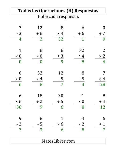 La hoja de ejercicios de 25 Ejercicios de Suma, Resta, Multiplicación y División (de 0 a 9) (H) Página 2