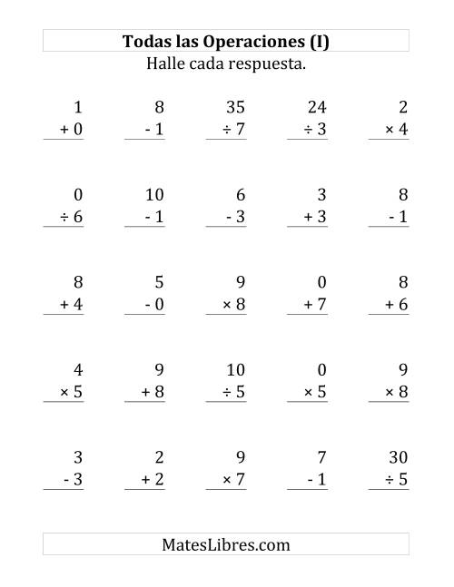 La hoja de ejercicios de 25 Ejercicios de Suma, Resta, Multiplicación y División (de 0 a 9) (I)