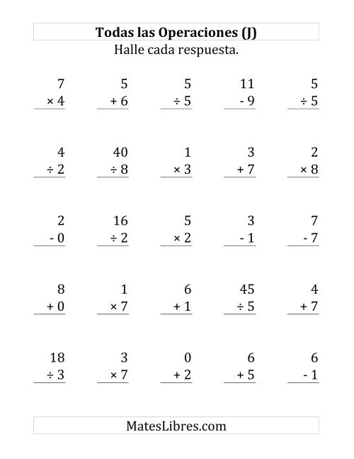 La hoja de ejercicios de 25 Ejercicios de Suma, Resta, Multiplicación y División (de 0 a 9) (J)