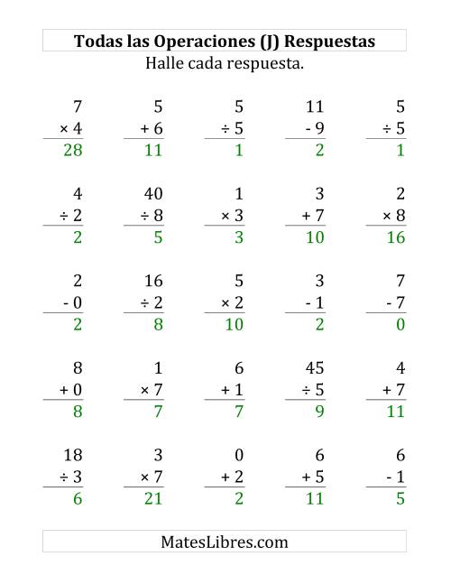 La hoja de ejercicios de 25 Ejercicios de Suma, Resta, Multiplicación y División (de 0 a 9) (J) Página 2