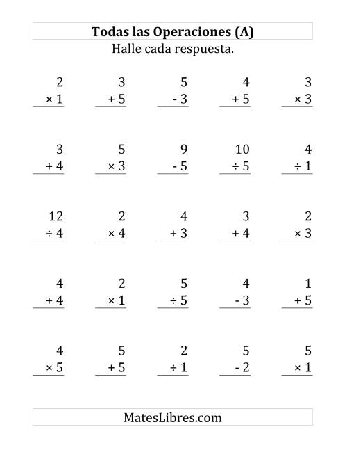 La hoja de ejercicios de 25 Ejercicios de Suma, Resta, Multiplicación y División (de 1 a 5) (A)