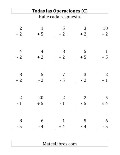 La hoja de ejercicios de 25 Ejercicios de Suma, Resta, Multiplicación y División (de 1 a 5) (C)