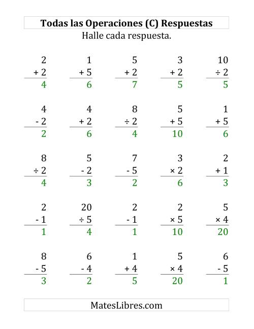 La hoja de ejercicios de 25 Ejercicios de Suma, Resta, Multiplicación y División (de 1 a 5) (C) Página 2