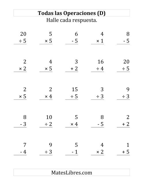 La hoja de ejercicios de 25 Ejercicios de Suma, Resta, Multiplicación y División (de 1 a 5) (D)