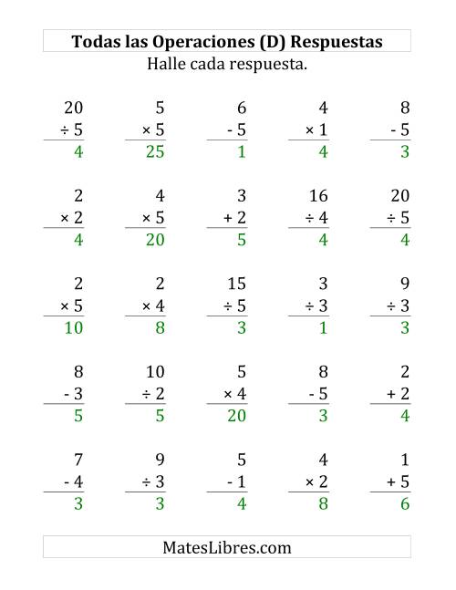 La hoja de ejercicios de 25 Ejercicios de Suma, Resta, Multiplicación y División (de 1 a 5) (D) Página 2