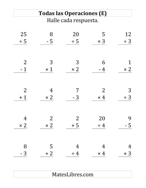 La hoja de ejercicios de 25 Ejercicios de Suma, Resta, Multiplicación y División (de 1 a 5) (E)