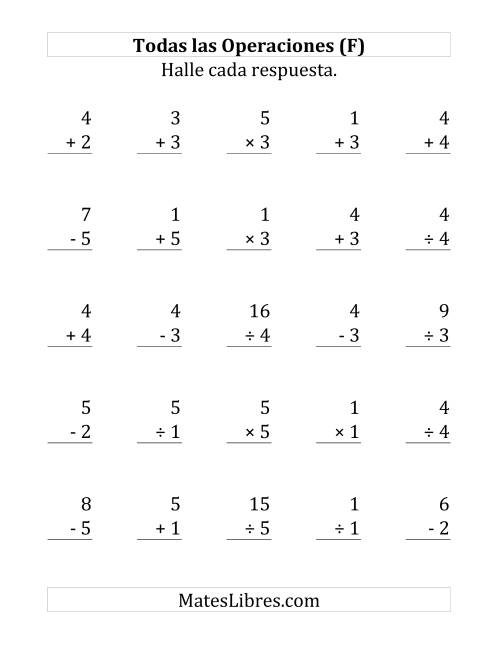 La hoja de ejercicios de 25 Ejercicios de Suma, Resta, Multiplicación y División (de 1 a 5) (F)