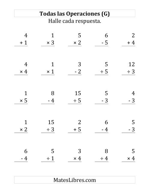 La hoja de ejercicios de 25 Ejercicios de Suma, Resta, Multiplicación y División (de 1 a 5) (G)