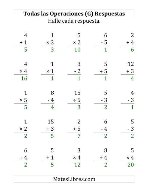La hoja de ejercicios de 25 Ejercicios de Suma, Resta, Multiplicación y División (de 1 a 5) (G) Página 2