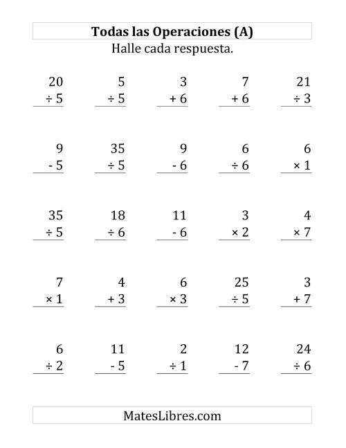 La hoja de ejercicios de 25 Ejercicios de Suma, Resta, Multiplicación y División (de 1 a 7) (A)