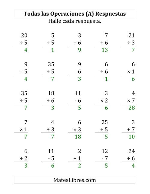 La hoja de ejercicios de 25 Ejercicios de Suma, Resta, Multiplicación y División (de 1 a 7) (A) Página 2