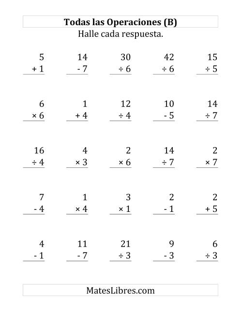 La hoja de ejercicios de 25 Ejercicios de Suma, Resta, Multiplicación y División (de 1 a 7) (B)