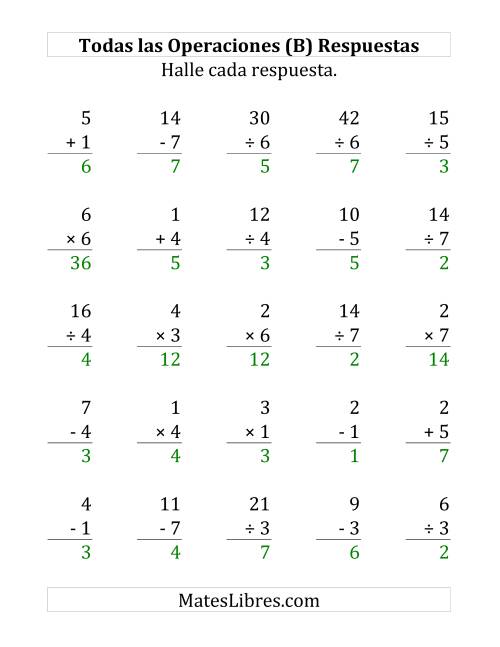 La hoja de ejercicios de 25 Ejercicios de Suma, Resta, Multiplicación y División (de 1 a 7) (B) Página 2