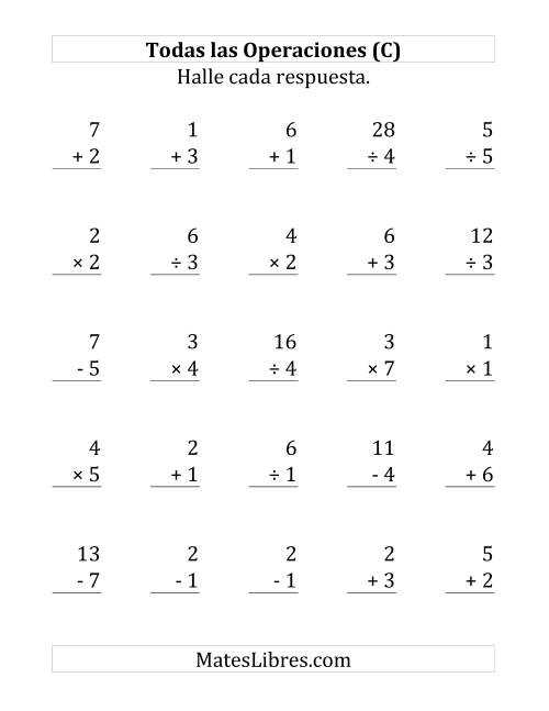 La hoja de ejercicios de 25 Ejercicios de Suma, Resta, Multiplicación y División (de 1 a 7) (C)