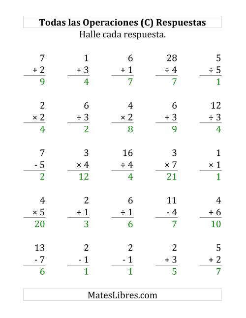 La hoja de ejercicios de 25 Ejercicios de Suma, Resta, Multiplicación y División (de 1 a 7) (C) Página 2
