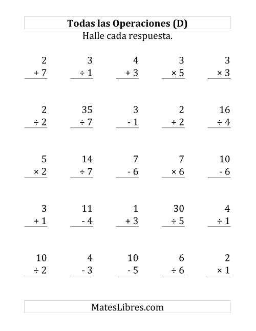 La hoja de ejercicios de 25 Ejercicios de Suma, Resta, Multiplicación y División (de 1 a 7) (D)
