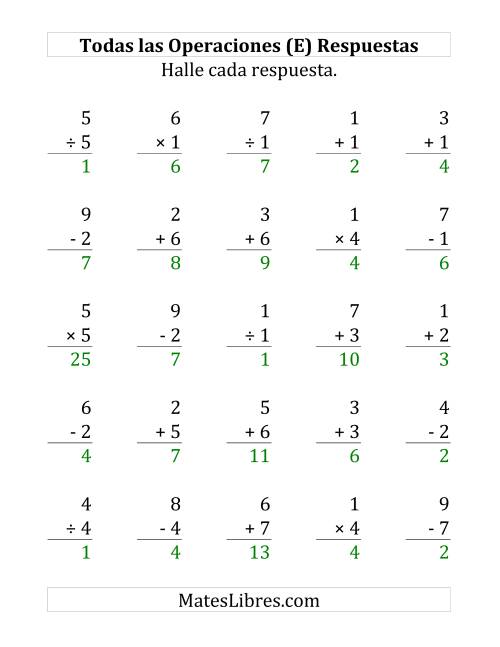 La hoja de ejercicios de 25 Ejercicios de Suma, Resta, Multiplicación y División (de 1 a 7) (E) Página 2