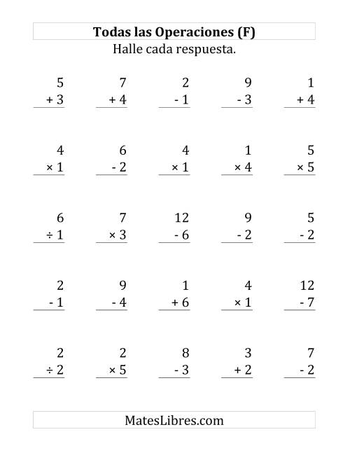 La hoja de ejercicios de 25 Ejercicios de Suma, Resta, Multiplicación y División (de 1 a 7) (F)