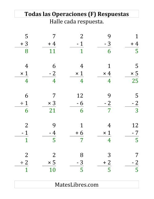 La hoja de ejercicios de 25 Ejercicios de Suma, Resta, Multiplicación y División (de 1 a 7) (F) Página 2