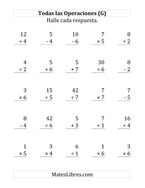 La hoja de ejercicios de 25 Ejercicios de Suma, Resta, Multiplicación y División (de 1 a 7) (G)