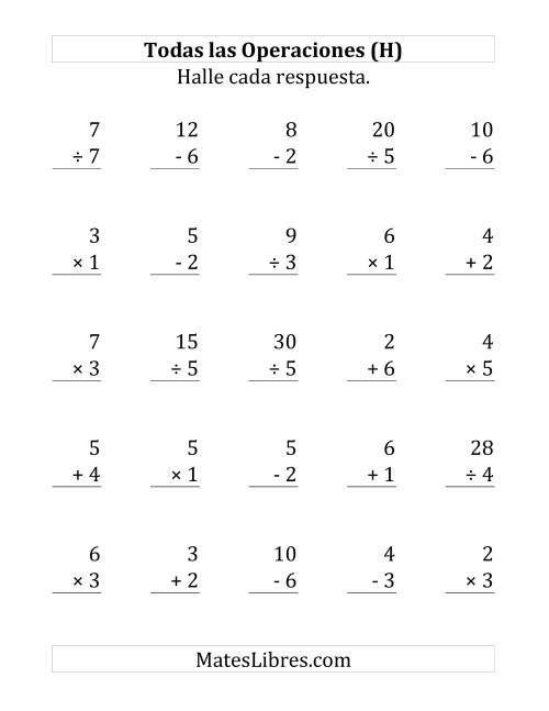La hoja de ejercicios de 25 Ejercicios de Suma, Resta, Multiplicación y División (de 1 a 7) (H)