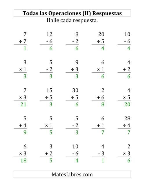 La hoja de ejercicios de 25 Ejercicios de Suma, Resta, Multiplicación y División (de 1 a 7) (H) Página 2