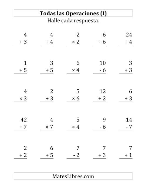 La hoja de ejercicios de 25 Ejercicios de Suma, Resta, Multiplicación y División (de 1 a 7) (I)