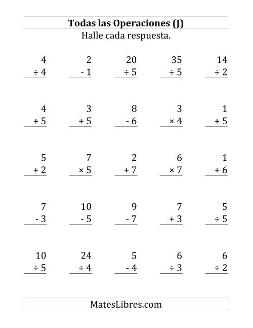 La hoja de ejercicios de 25 Ejercicios de Suma, Resta, Multiplicación y División (de 1 a 7) (J)
