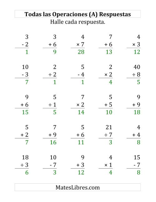 La hoja de ejercicios de 25 Ejercicios de Suma, Resta, Multiplicación y División (de 1 a 9) (A) Página 2