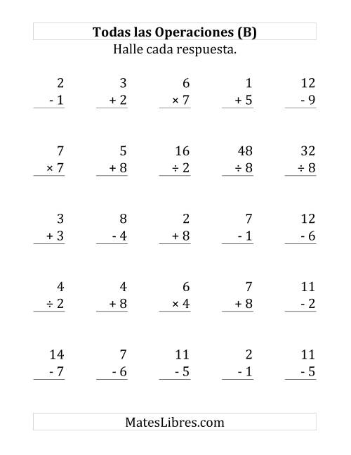 La hoja de ejercicios de 25 Ejercicios de Suma, Resta, Multiplicación y División (de 1 a 9) (B)