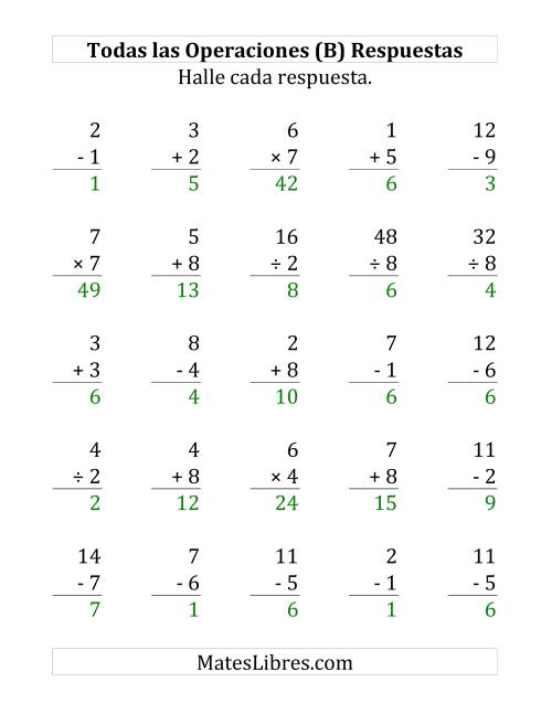 La hoja de ejercicios de 25 Ejercicios de Suma, Resta, Multiplicación y División (de 1 a 9) (B) Página 2