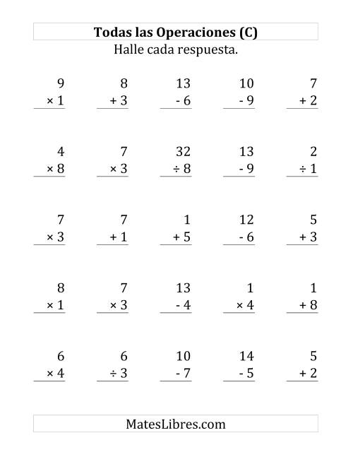 La hoja de ejercicios de 25 Ejercicios de Suma, Resta, Multiplicación y División (de 1 a 9) (C)