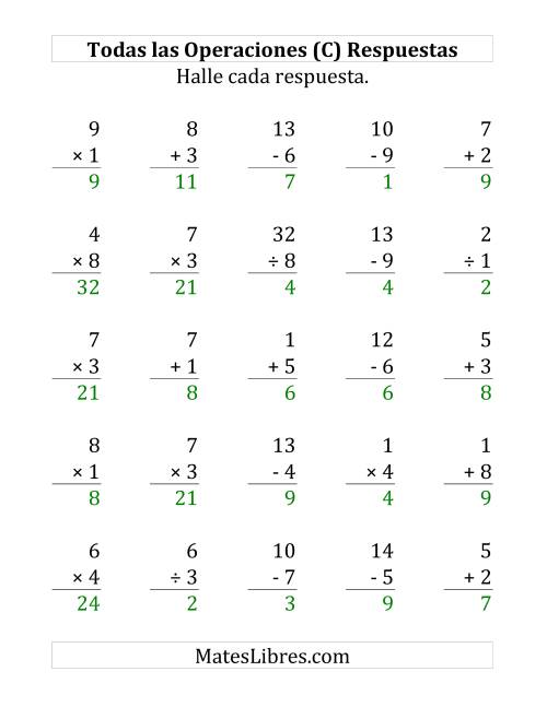 La hoja de ejercicios de 25 Ejercicios de Suma, Resta, Multiplicación y División (de 1 a 9) (C) Página 2