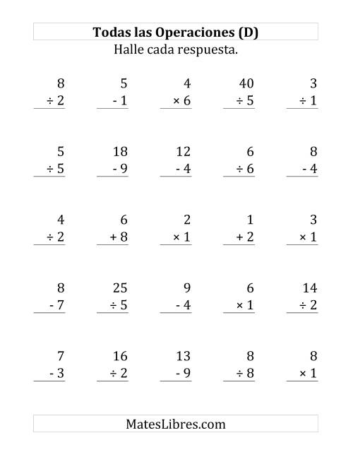 La hoja de ejercicios de 25 Ejercicios de Suma, Resta, Multiplicación y División (de 1 a 9) (D)