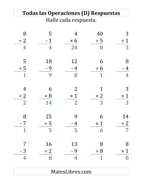 La hoja de ejercicios de 25 Ejercicios de Suma, Resta, Multiplicación y División (de 1 a 9) (D) Página 2