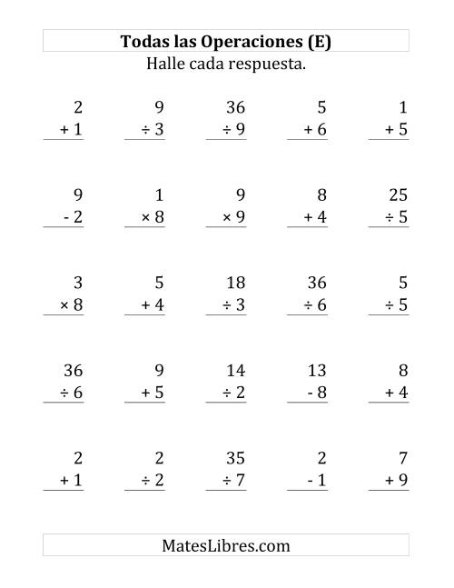 La hoja de ejercicios de 25 Ejercicios de Suma, Resta, Multiplicación y División (de 1 a 9) (E)
