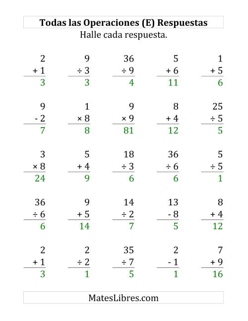 La hoja de ejercicios de 25 Ejercicios de Suma, Resta, Multiplicación y División (de 1 a 9) (E) Página 2