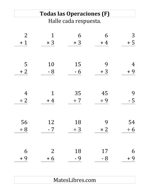 La hoja de ejercicios de 25 Ejercicios de Suma, Resta, Multiplicación y División (de 1 a 9) (F)