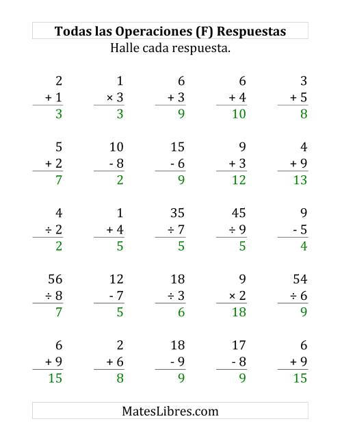 La hoja de ejercicios de 25 Ejercicios de Suma, Resta, Multiplicación y División (de 1 a 9) (F) Página 2