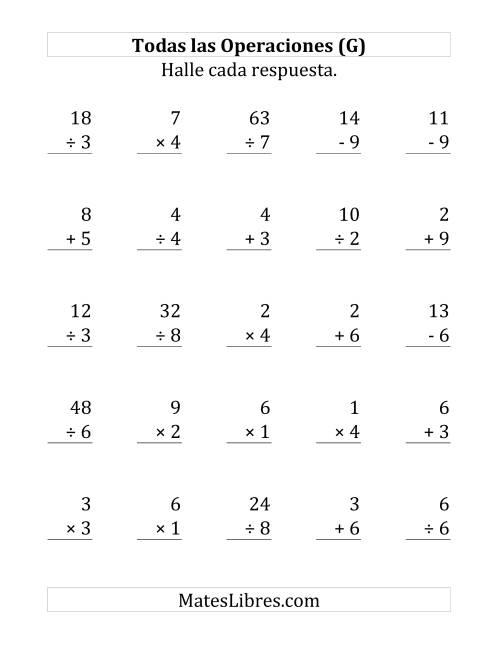 La hoja de ejercicios de 25 Ejercicios de Suma, Resta, Multiplicación y División (de 1 a 9) (G)