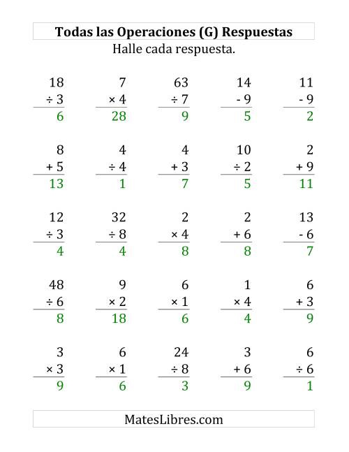 La hoja de ejercicios de 25 Ejercicios de Suma, Resta, Multiplicación y División (de 1 a 9) (G) Página 2